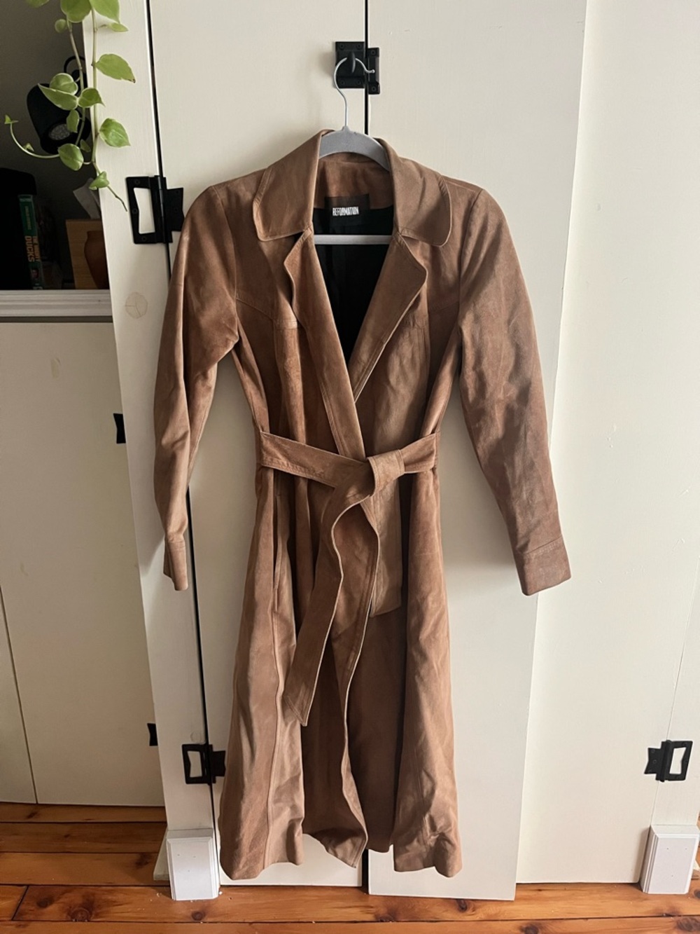 Reformation Oakley Suede Trench Coat in Warm Tan